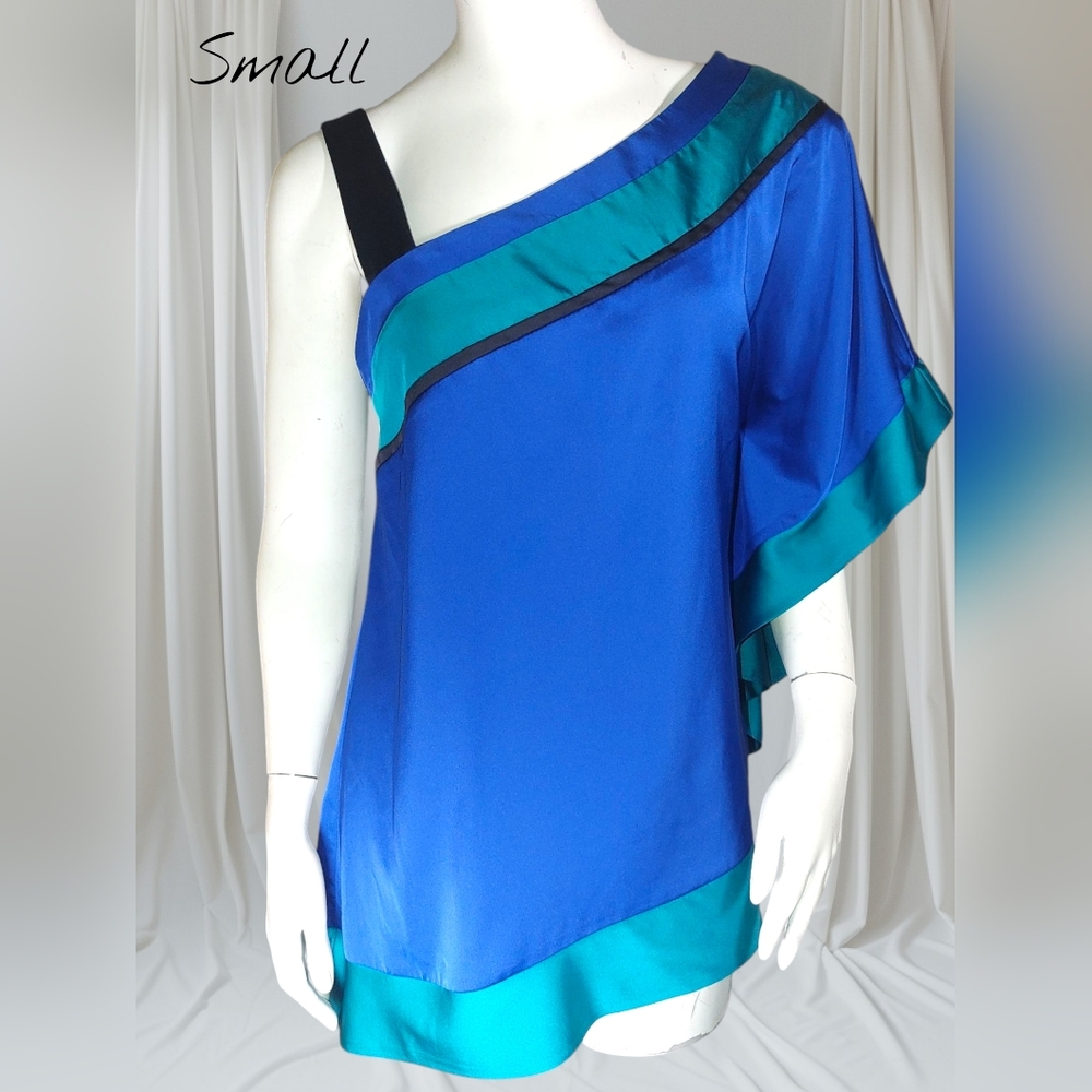 Nicole By Nicole Miller Blue and Teal Asymmetrical Blouse